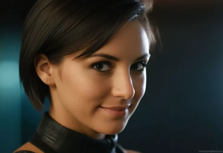 a close up of a woman in a black top and a black choker