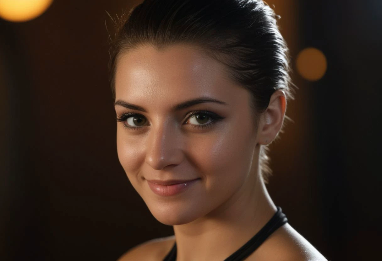 a close up of a woman with a black top and a black necklace