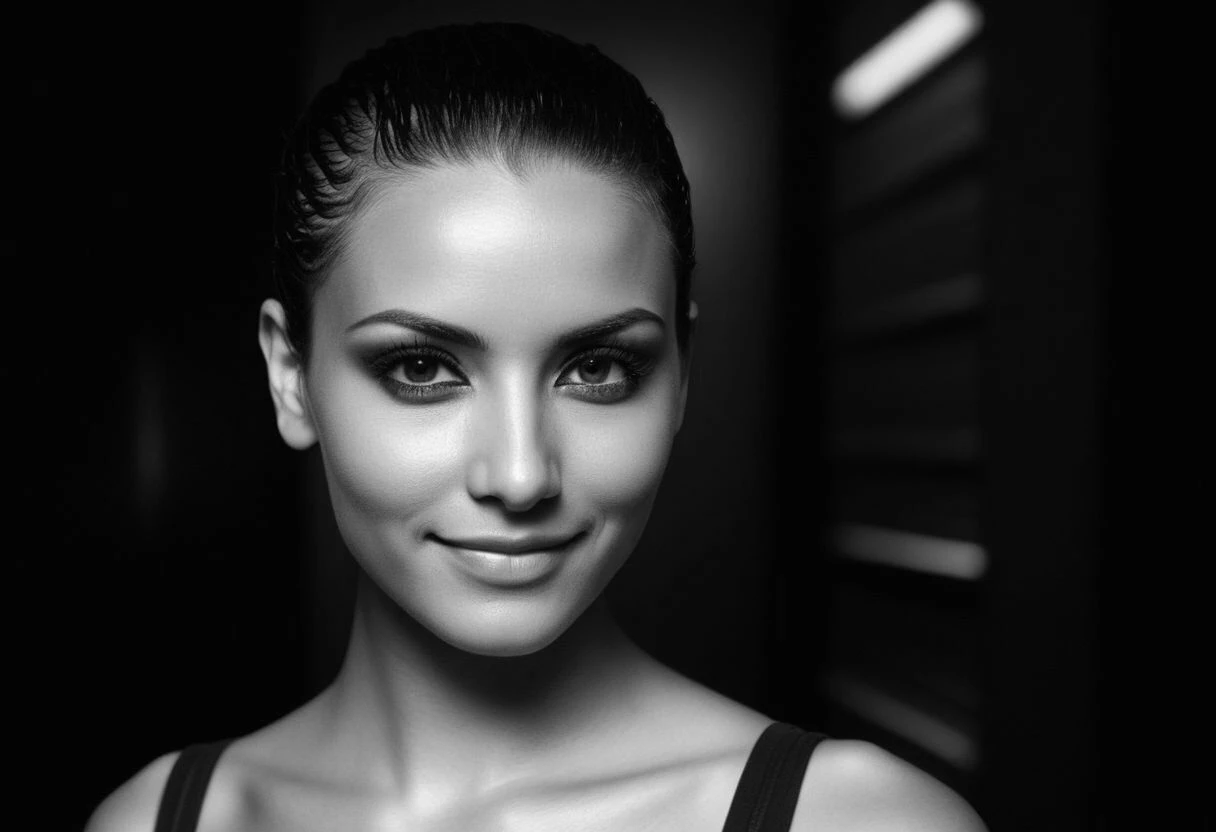 a close up of a woman with a black top and a black background