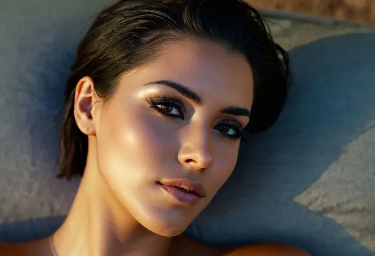 a close up of a woman laying on a bed with a pillow