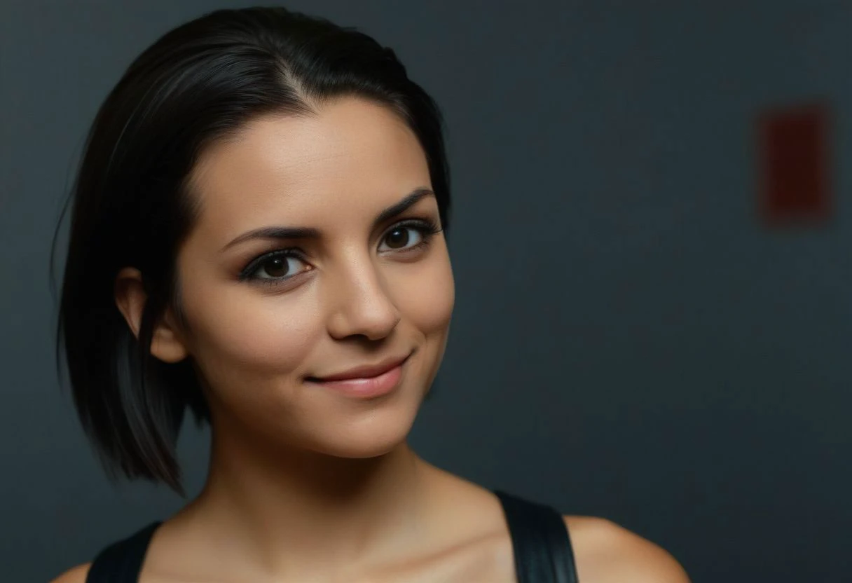 a close up of a woman with a black top and a black top