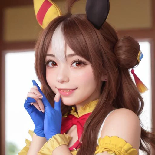 masterpiece, best quality, close up, face shot, smile, looking at viewer,
copano rickey (umamusume), chinese temple, put own hands together, praying,
bare shoulder, off-shoulder, blue gloves, bead bracelet, fingerless gloves, detached sleeves, wide sleeves...