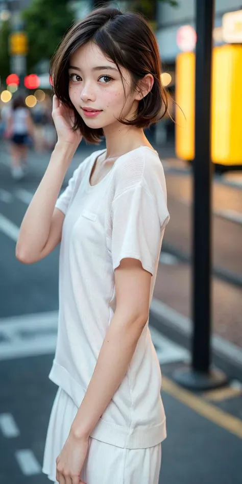 1girl, tokyo street,night, cinematic lighting, light on face, cityscape, city lights,japanese little girl, [:(school uniform:1.5...