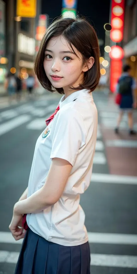 (school uniform:1.5),check pleats skirt, tokyo street,night, cinematic lighting, light on face, cityscape, city lights,1japanese...