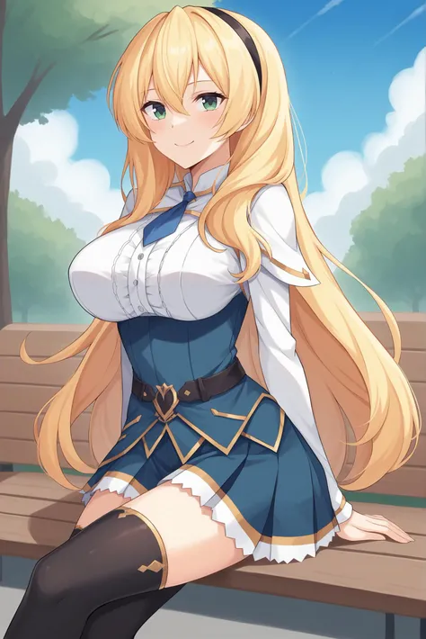 score_9, score_8_up, score_7_up, score_6_up, source anime, 1girl, (slender:1.4), solo, celistia_ralgris, <lora:Celistia_Ralgris_XL-bf16-pony-v1:1>, (closed mouth, smile, green eyes), (blonde hair, long hair, large breasts), (uniform, black thighhighs, plea...