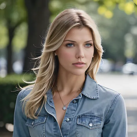 triciahelfer a woman wearing a sweater, hair blowing in the wind, jeans, outside, park , portrait, (realistic, photo-realistic:1.37), ultra high res, ultra-detailed, incredibly beautiful girl, 8k uhd, dslr, soft lighting, high quality, film grain, Fujifilm...