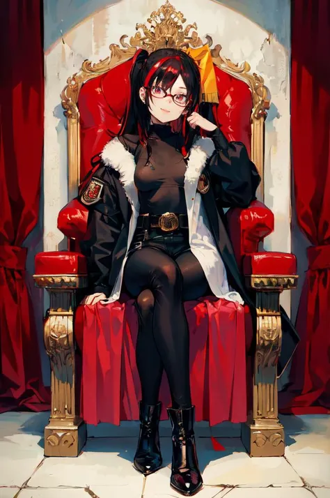 <lora:ponsuke-10:0.9>, ultra detailed, masterpiece, best quality, solo, smug smile, sitting, crossed legs, throne room, red banner, 1girl, purple eyes, red-framed eyewear, (black hair, red colored tips:1.2), red streaked hair, very long hair, side ponytail...