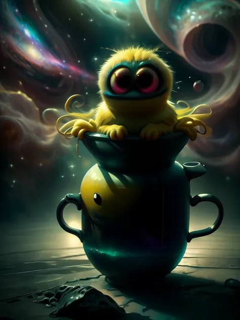 a yellow bird sitting in a cup with a space background