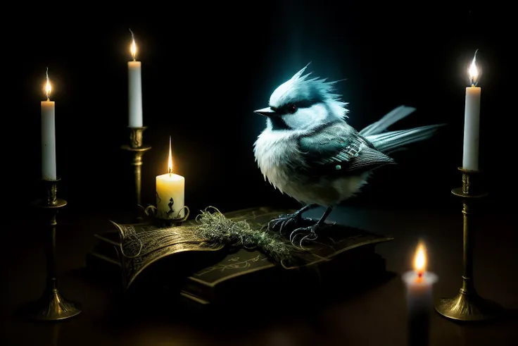 there is a bird sitting on a book with candles in the background