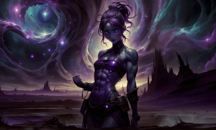 <lora:CosmicEldritchTech:1> (eldritchtech), cosmic, dark energy, wraith, portrait, (adult woman), (1girl, solo), (revealing dress), (small breasts), ((muscular)), (abs, navel), (purple hair, medium hair), solid purple eyes, glowing eyes, (happy, smirk, sed...