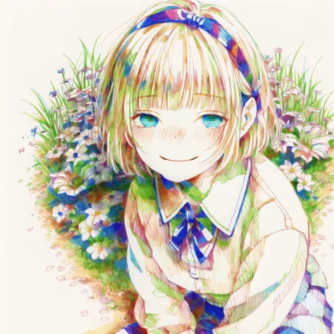 <lora:tmari:1>, tmari,  sketch, traditional media, ballpen drawing, white background, 1girl, blonde hair, blue eyes, blush, boots, brown boots, closed mouth, eyebrows visible through hair, garden, hairband, highres, looking at viewer, short hair, smile, so...