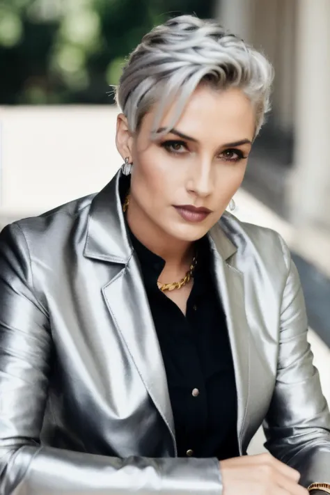 photo of fmk with (silver hair), wearing gold chain necklace and gray shirt, black jacket on,  <lyco:FamkeJanssen-RealVision-V1.0:1.0>