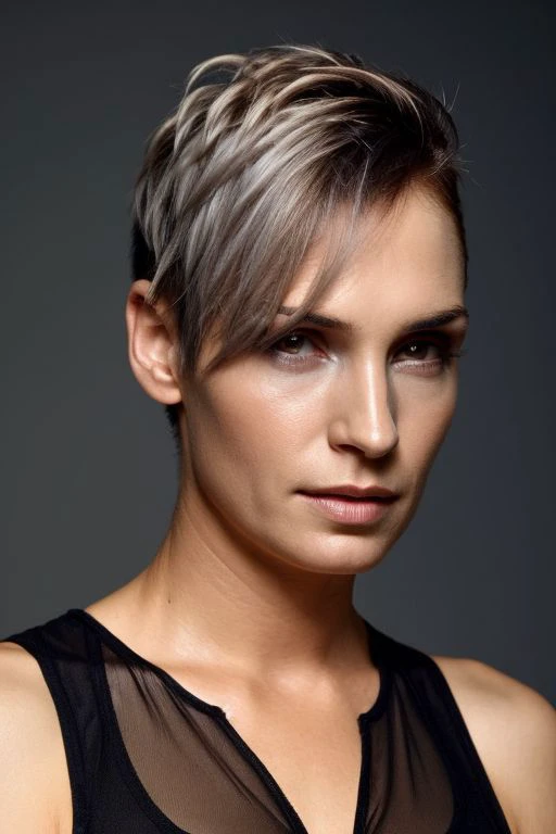 fmk, face closeup protrait of woman wearing tank top, undercut hair, grey background,
 <lora:CR-FamkeJanssen-v1-frankyfrank2k:1>