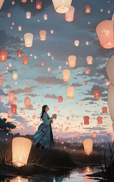 a woman in a blue dress is standing in front of a lake with lanterns