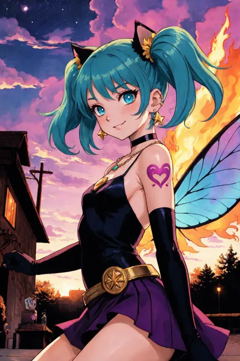 a cartoon image of a woman with blue hair and a cat ears