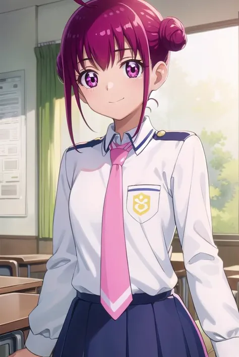 miyukihoshizora, <lora:miyuki hoshizora s1-lora-nochekaiser:1>,
miyuki hoshizora, short hair, pink hair, bow, hair bow, (pink eyes:1.3), hair bun, double hair bun, ahoge, yellow bow, smile,
BREAK school uniform, necktie, pink necktie, nanairogaoka middle s...