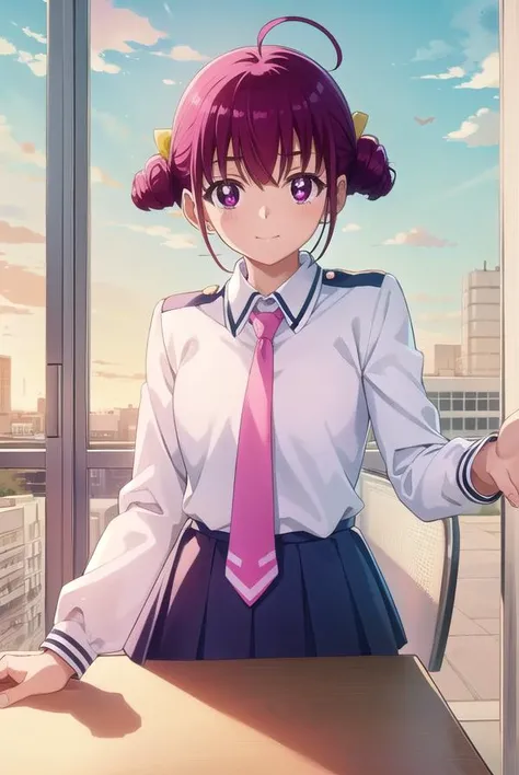 miyukihoshizora, <lora:miyuki hoshizora s1-lora-nochekaiser:1>,
miyuki hoshizora, short hair, pink hair, bow, hair bow, (pink eyes:1.3), hair bun, double hair bun, ahoge, yellow bow, smile,
BREAK school uniform, necktie, pink necktie, nanairogaoka middle s...