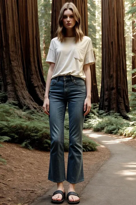 <lora:kawaii7.1.3_obj20:0.75:0.25>, European woman, closeup, sandals, (shirt), pants, (california redwoods), ZM_marisa, wide shoulders, perfect face, (contact iris: 1.1), pale skin, skin pores , depth of field