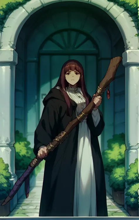 a woman in a long black robe holding a large wooden stick