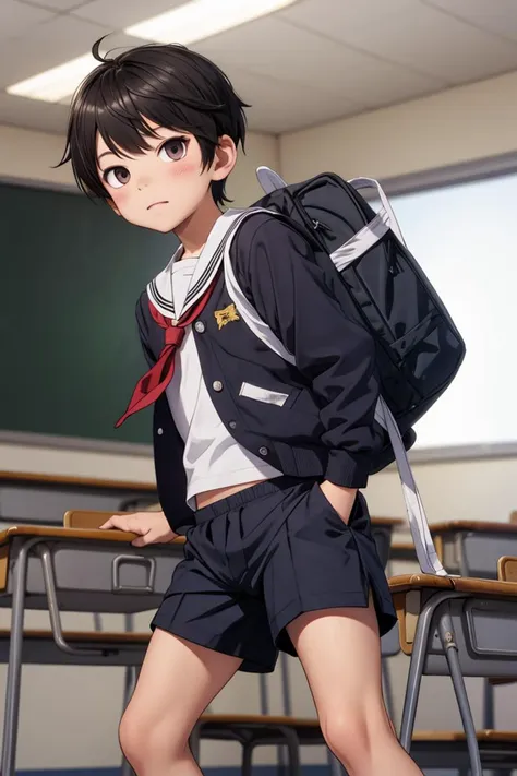 anime character in school uniform standing in front of a desk