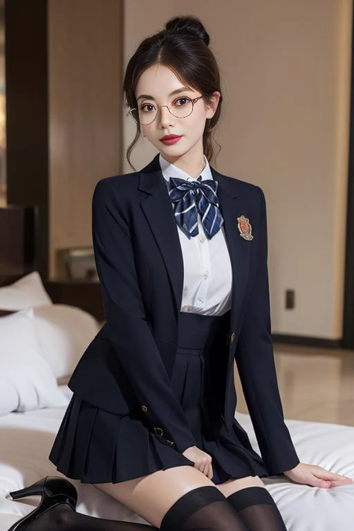 ultra-detailed,highly detailed,best quality,masterpiece,illustration,realistic,
school uniform, 1girl, solo, cowboy shot, 
collared shirt,striped bowtie, blazer, jacket, long sleeves, pleated skirt,buttons,badge, thighhighs, high heels, 
indoors, photo bac...