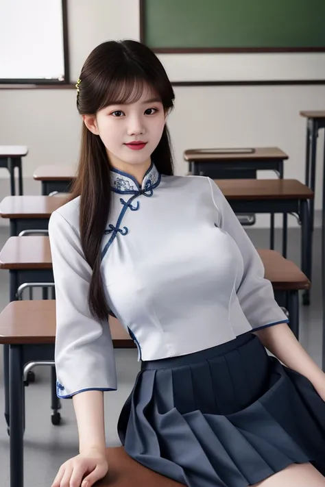 best quality, masterpiece,real,realistic, photo,photorealistic,looking at viewer,
1girl, xiaofu,school uniform, chinese clothes, cheongsam,shirt,pleated skirt,sleeves past elbows,
indoors, classroom,sitting, 
long hair,straight hair, blunt bangs, huge brea...