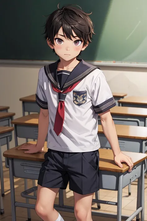 anime boy in uniform standing in front of desks in classroom