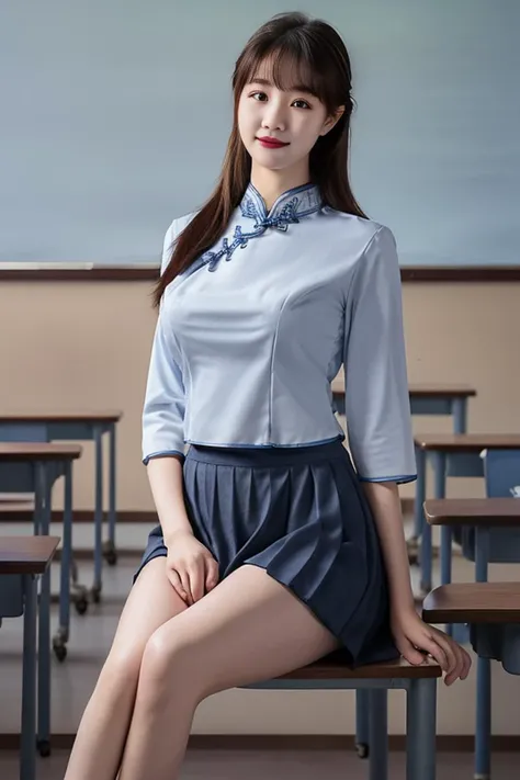 best quality, masterpiece,real,realistic, photo,photorealistic,looking at viewer,
1girl, xiaofu,school uniform, chinese clothes, cheongsam,shirt,pleated skirt,sleeves past elbows,
indoors, classroom,sitting, 
long hair,straight hair, blunt bangs, huge brea...