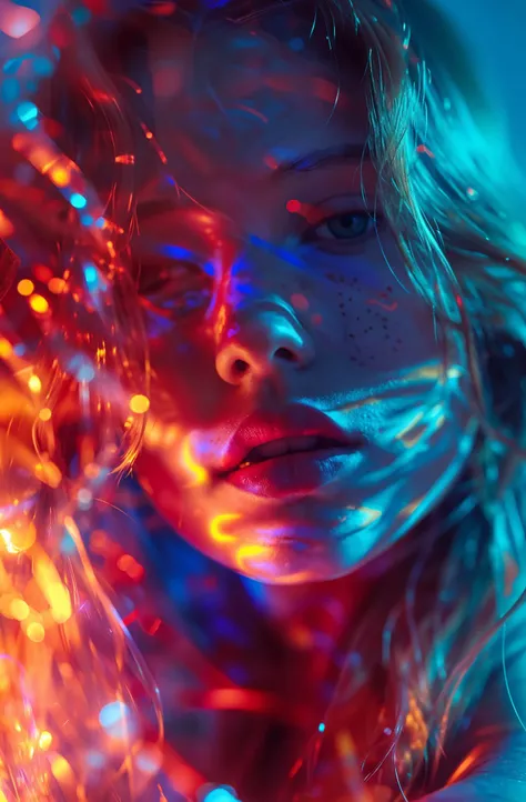 (skin imperfections,rough skin:1.2),makeup,freckles,cinematic still,shimmering holographic portrait of a girl with a mesmerizing glow,intense and vibrant colors,dynamic composition,half-opened eyes,