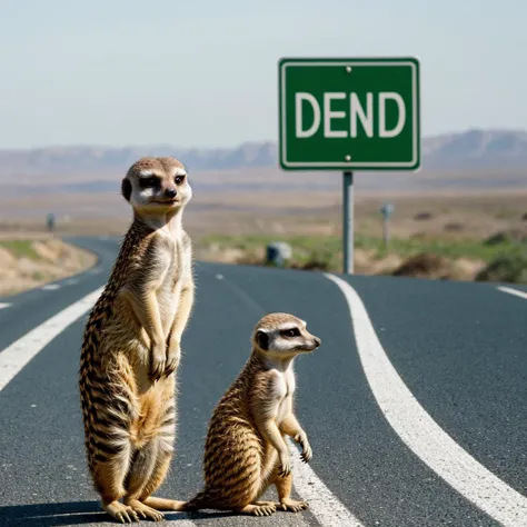 confused meerkat looking at road sign with dead end