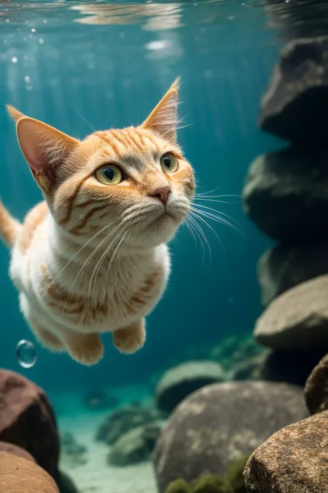 underwater photo of a ginger cat in a lake, ears folded back, (chasing a fish), lots of bubbles, (wet cat), plants and rocks, murky water, detailed, masterpiece, 4k