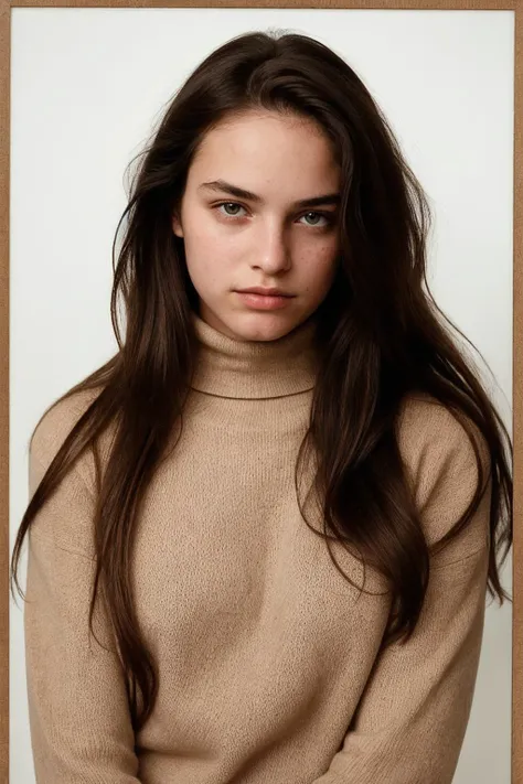 (photo by Irving Penn), 
1girl, 18yo, (brown long hair:1.3), (freckle:0.6), 
sharp focus, turtleneck sweater,