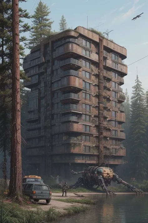 Excellence artwork of a ((russian panel house on nature)): {fusion of the natural and the surreal in a world of balance between wildlife and technology. Mysterious machines and enigmatic creatures lurk amidst dense foliage and serene lakes. Retrofuturistic...