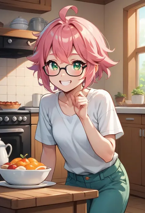 score_9,score_8_up,score_7_up,score_6_up,score_5_up,score_4_up (1.6), 1girl, comic book art, rough colored sketch, pink hair, ahoge, green eyes, glasses, black wide pants, slender, small breasts, happy, perfect eyes mouth anatomy, make up, white cute tunic...