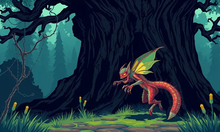 Glitchcore Art Style, retro game art pixel-art. In a medieval setting.
A mutated pixie, larger than its kin, with sharp claws and a long, barbed tail, darting around an old oak tree, seeking to ensnare its prey.
dynamic, dramatic, (vibrant:1.2), (vibrant c...