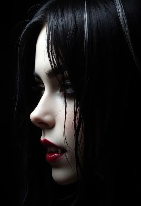 masterpiece, high detail, ArsMJStyle, dnddarkestfantasy, masterpiece, closeup portrait of stunning oriental vampire woman, long black hair with white streak, dark eyeshadow, red lips, mouth slightly open showing fangs, chiascuro, sexy, seductive, erotic, d...