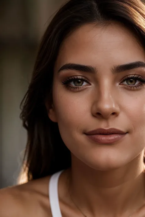 an eye contact of a Portuguese woman, smile, brow pencil, Refined, cat eye liner, gloss lipstick, repetition, Almond-shaped eyes, Cleft chin, Olive-colored V-shaped cut, bronze skin color, fill lighting, lens flare