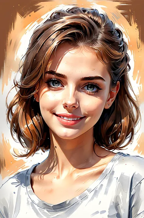 pretty face, young woman, woman wearing t-shirt, big and round eyes, small smile, intimate, hyper 4k detailed painting, 4k resolution concept art portrait, victory roll updo hair style, brown hairs, looking afar, dutch angle, absurdres, masterpiece, 8k, hi...