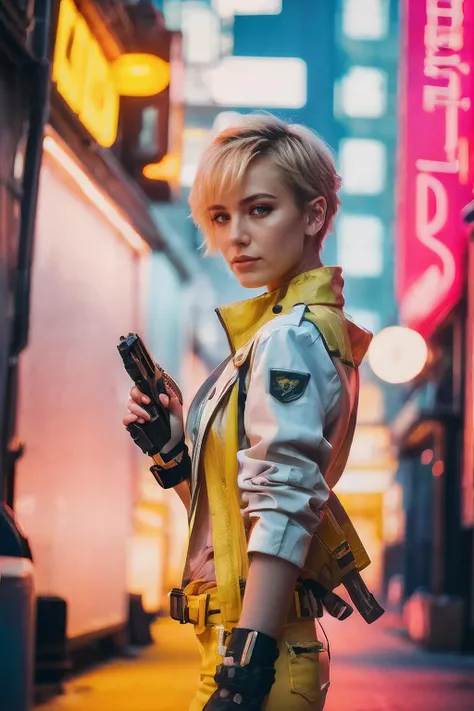 a woman holding a gun on a city street, by Beeple, digital art, blonde short hair, futuristic yellow lens, cyber future jacket, closeup portrait shot, nostalgic 8k, holding a futuristic gun