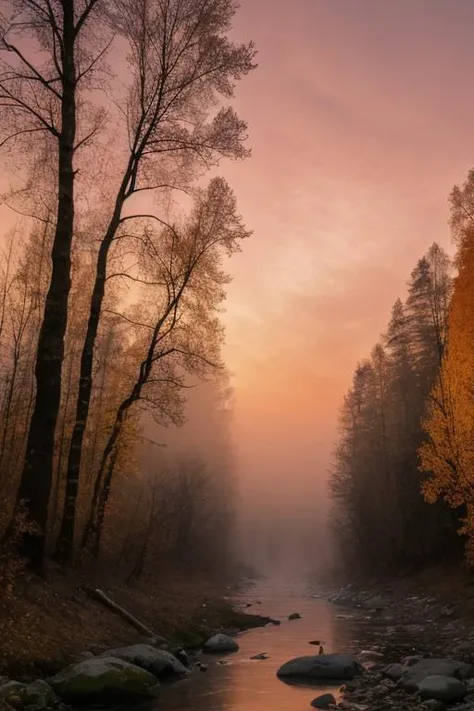 masterpiece, best quality, vivid colors, high quality, RAW photo, Norway, dream nature, primeval wild, picturesque forest, pink sunset, bright clouds, epic sky, sun, desolate landscape, autumn river, colorful scenery, realistic, beautiful atmosphere, dense...