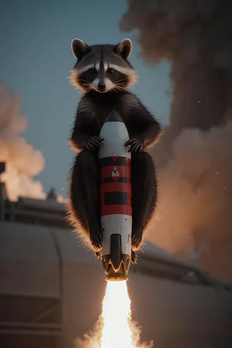 photo of a racoon (riding a rocket:1.2). fire.