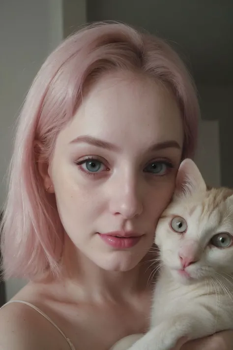 instagram photo, closeup face photo of 21 years old Charlotte, dressed in tight top, cleavage, dirty pastel pink hair, fair pale skin, happy, cuddling with her kitten, soft fur, beautiful hazelnut eyes, hard shadows, dark, nighttime, overexposed filter