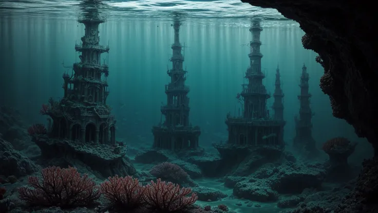 and oil painting in the Line Art (ancient underwater city by artist:1.1),
a landscape that plunges into the depths of an underwater world. Imagine vibrant coral reefs teeming with marine life,
Macabre,
dark colours, bright, high contrast, bright colours, v...