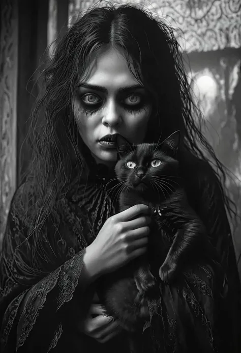 A chilling image from 1902 depicts a demonic witch with white eyes and fangs, holding a shrieking black cat in her grasp. The photograph, characterized by its grainy texture, conveys a sense of fear and terror. The scene is further heightened by the presen...