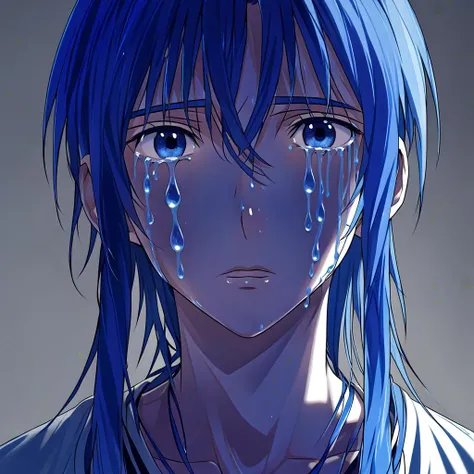 Blue Tears, Tears, 1boy, long hair, ponytail hair, tired eyes, blue eyes