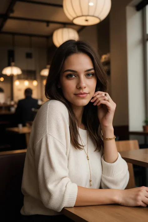 Generate a detailed portrait of a young, beautiful Swedish woman seated in a cozy cafe, The image should highlight her distinctive Nordic features, with a focus on her captivating eyes and natural beauty, The cafes ambiance should exude warmth, with soft l...