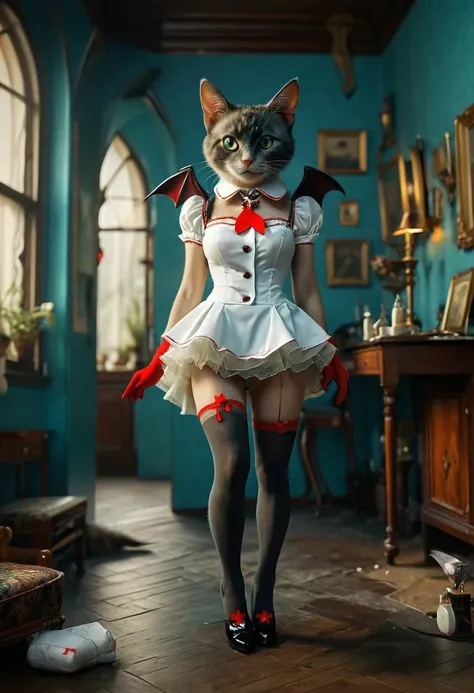 In this charming and peculiar image, a playful and alluring cat-bat hybrid dons a seductive nurses uniform, emanating a mix of whimsy and sensuality. With its smooth fur and delicate leather wings, the creature exudes an air of mystery and charm. The unifo...