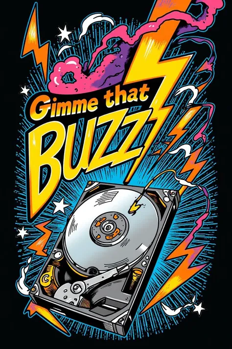 An old-school tattoo-style poster featuring the phrase “Gimme that BUZZ” as the focal point, with the same electrifying, futuristic imagery. At the center of the design, a metallic, futuristic hard drive remains prominent, rendered with thick black outline...