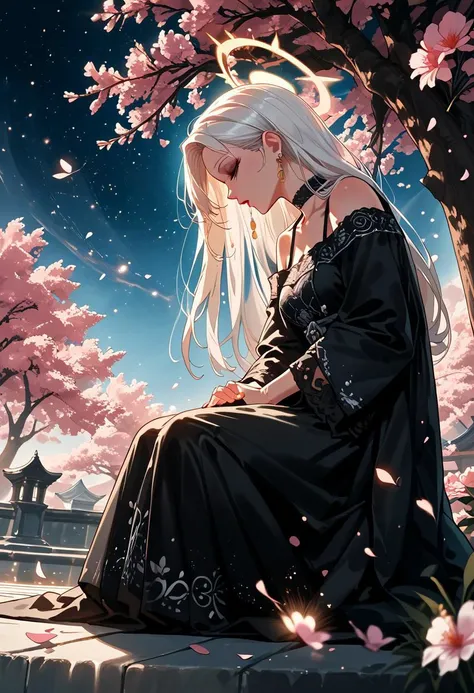 anime_style, score_9, score_8_up, score_7_up, score_6_up, best quality, 1girl, white hair, long hair, robe, black dress, gothic,  jewelry, choker, smear make-up, long dress, bare shoulder, profile, begging, possing, looking up, sitting, sideview, from side...