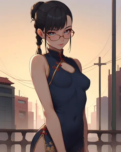 score_9,score_8_up,score_7_up,score_6_up,score_5_up,score_4_up, masterpiece, best quality, ultra quality, 1girl, cheongsam, beautiful eyes, looking at viewer, square glasses, outdoors, black hair, (braiding_hair), small breasts, urban scenario, cowboy shot...